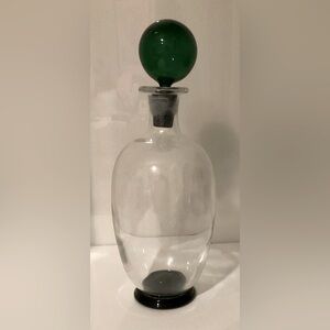 Vintage Clear Glass Decanter with Green Stopper and Green Base